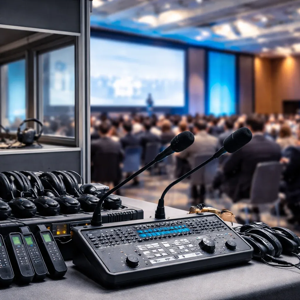 Console de intérprete, microfones e receptores de áudio diante de um auditório lotado, equipamento de tradução simultânea