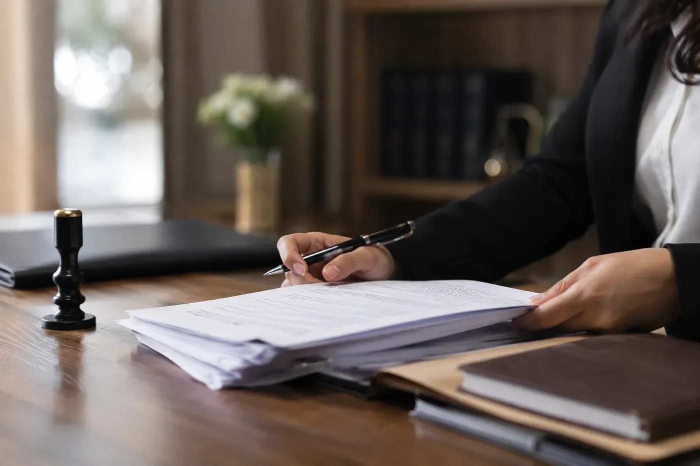 Advogada de terno analisa pilha de documentos com carimbo sobre a mesa, para tradução de antecedentes criminais