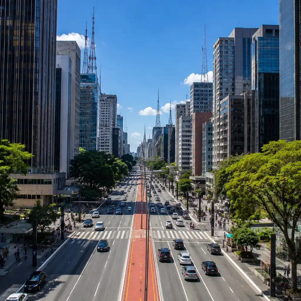 Avenida Paulista em São Paulo vista de cima, com arranha-céus, torres de antenas e ciclovia vermelha