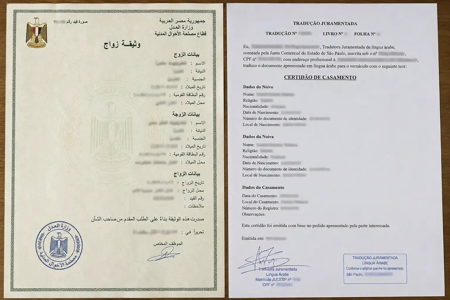 Certidão de casamento egípcia em árabe ao lado de sua tradução juramentada para o português