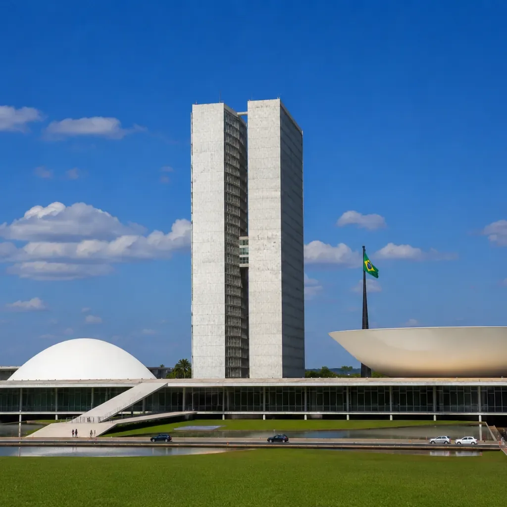 Congresso Nacional em Brasília com as torres gêmeas, as cúpulas e a bandeira do Brasil sob céu azul