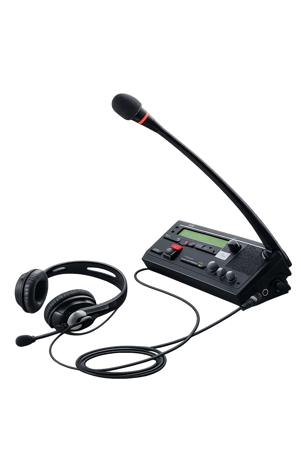 Console de intérprete com microfone de haste, fones de ouvido e unidade de controle sobre fundo escuro