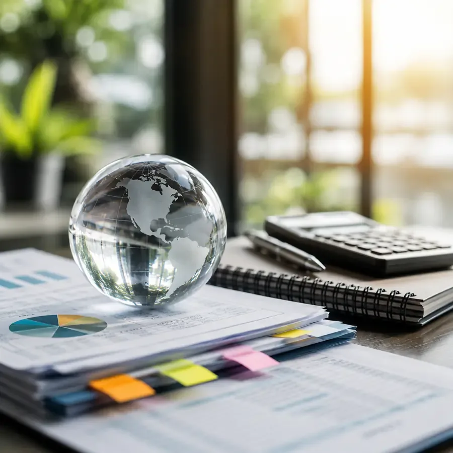 Globo de cristal sobre relatórios financeiros com gráfico, calculadora e post-its, consultoria financeira internacional