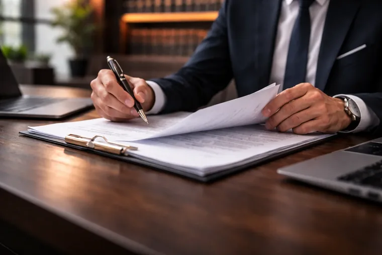 Advogado de terno revisa e assina contrato internacional sobre prancheta, para tradução jurídica