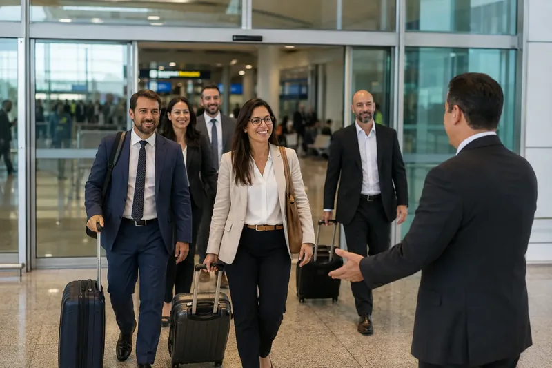 Delegação de executivos com malas sendo recebida por um anfitrião no saguão do aeroporto, em São Paulo