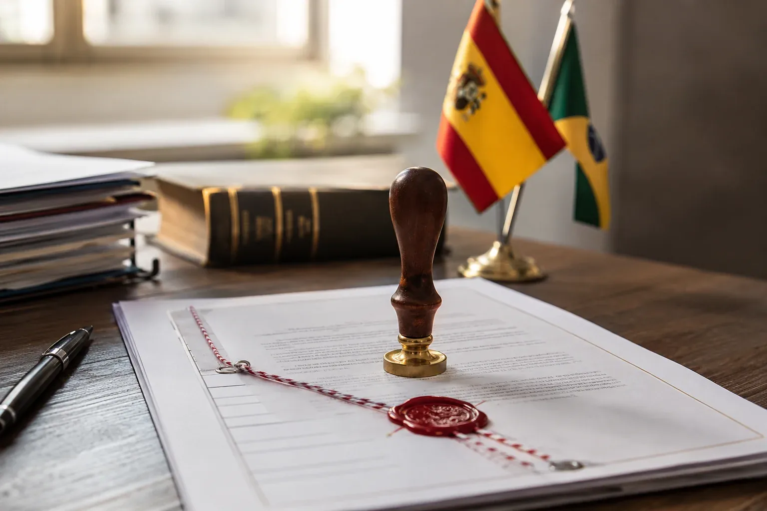 Documento com lacre de cera vermelho e carimbo ao lado das bandeiras da Espanha e do Brasil, tradução juramentada de espanhol