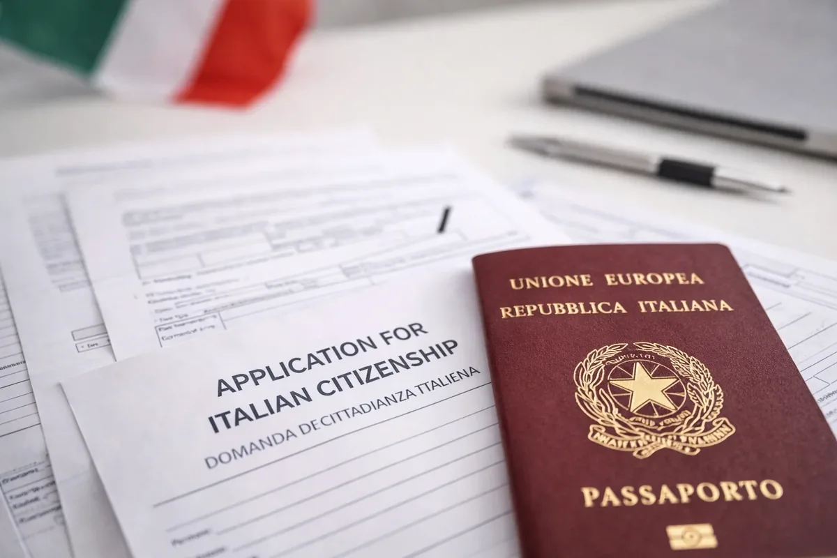 Passaporte italiano sobre formulário de pedido de cidadania italiana, com a bandeira da Itália ao fundo