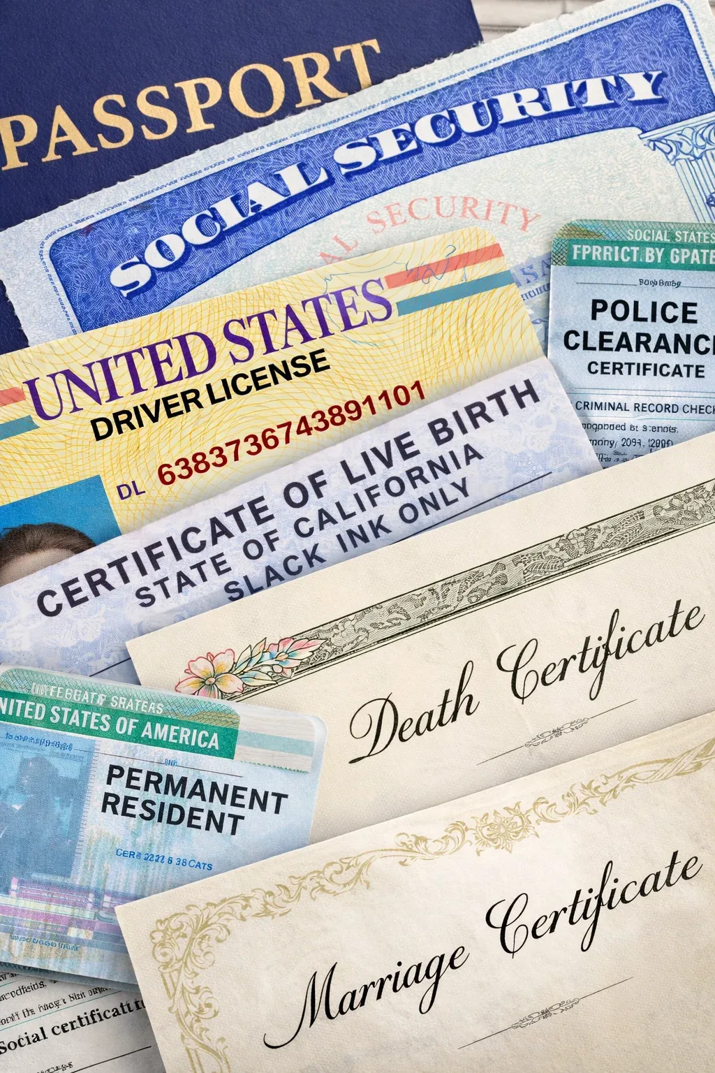 Pilha de documentos pessoais: passaporte, certidões de nascimento, casamento e óbito, carteira e green card