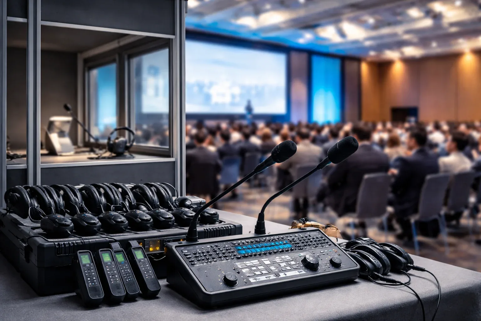 Console de intérprete, microfones e receptores de áudio diante de um auditório lotado, equipamento de tradução simultânea