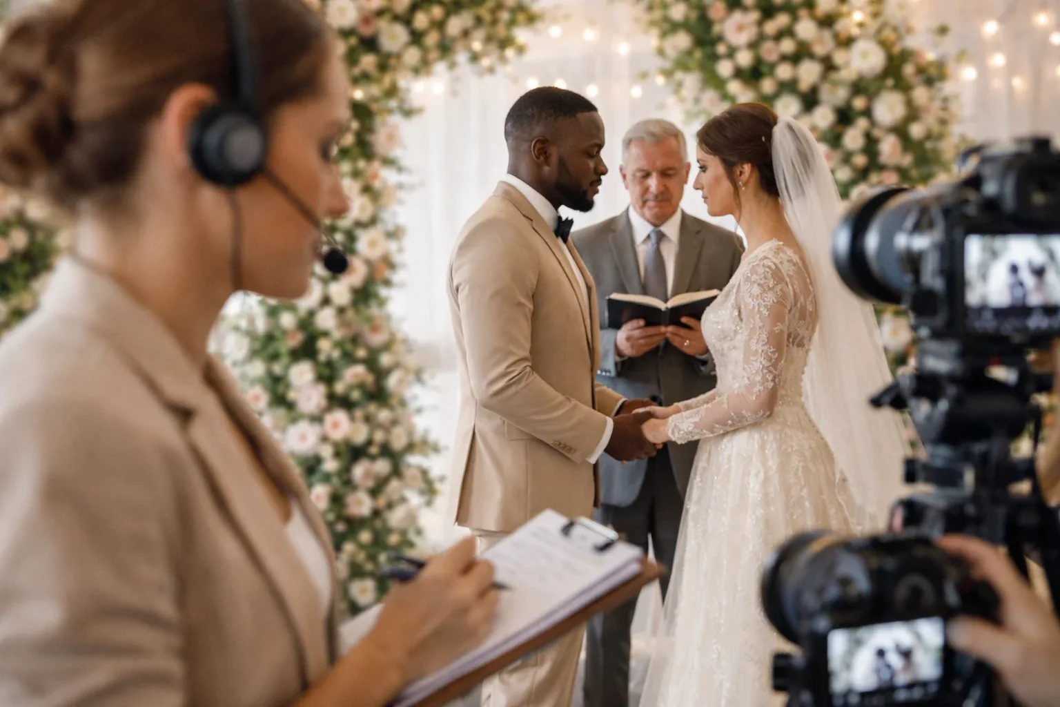Intérprete com fone e prancheta ao lado de cerimônia de casamento com noivos e celebrante