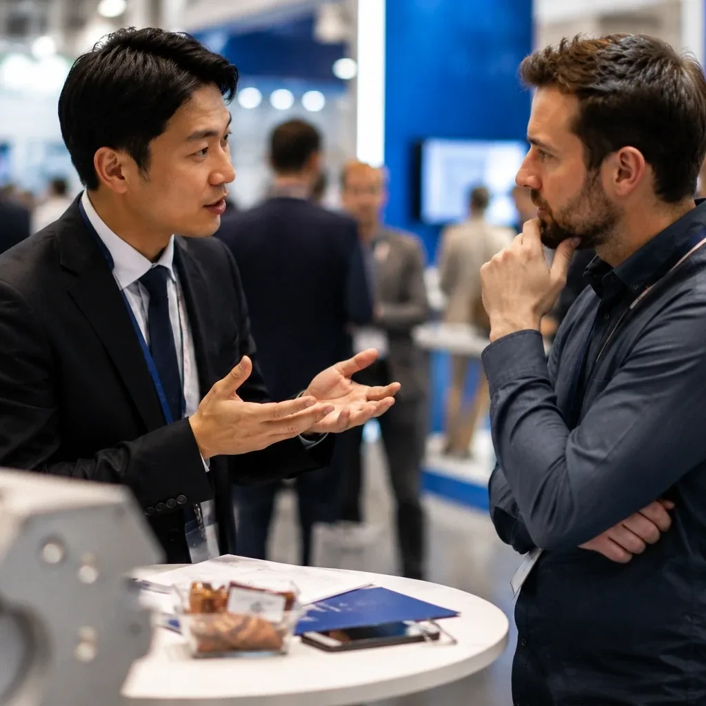 Dois profissionais conversando em estande de feira de negócios, interpretação empresarial em exposição