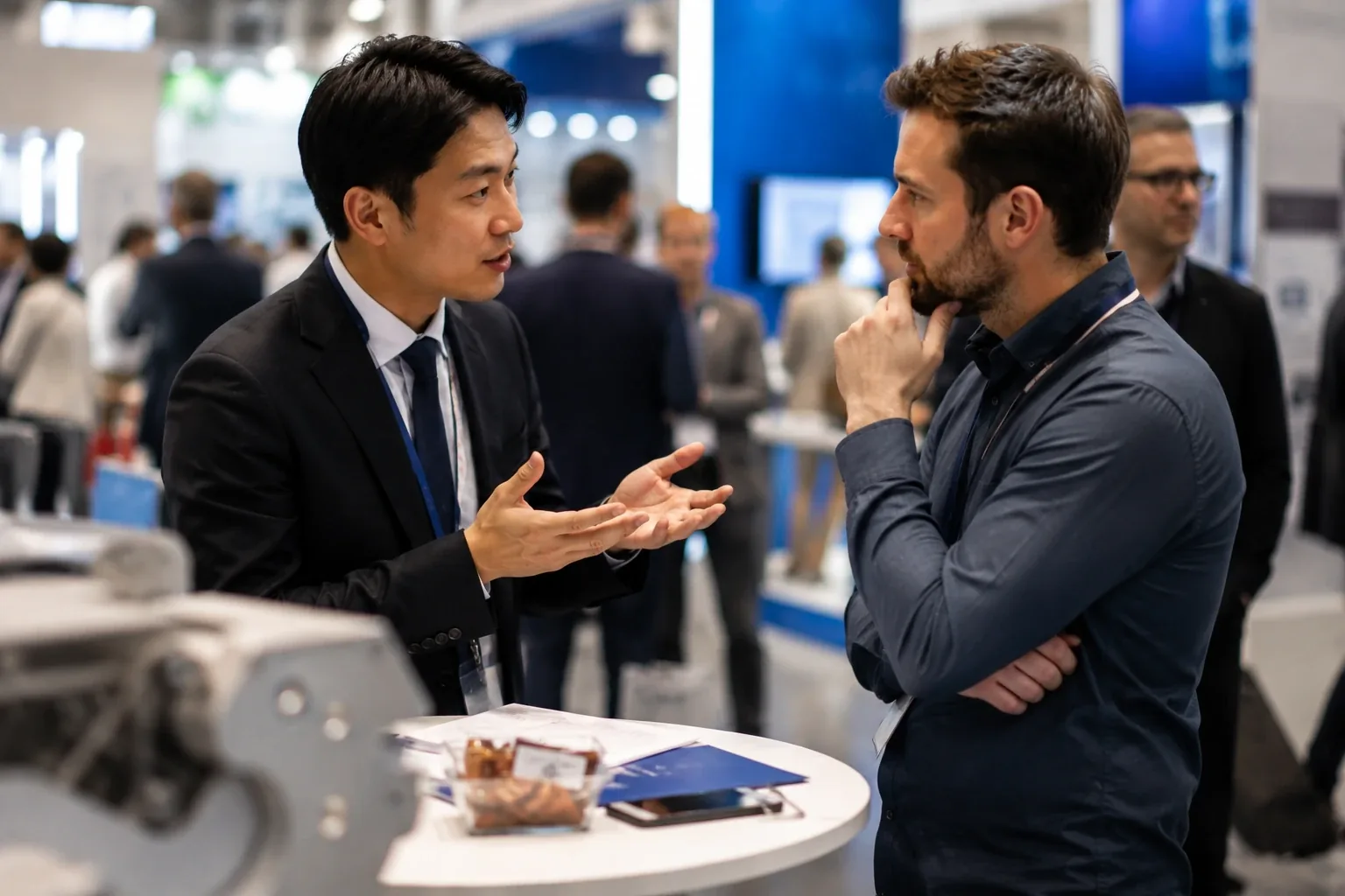 Interpreter in a suit talking with a trade-fair visitor next to machines and booths at a business expo