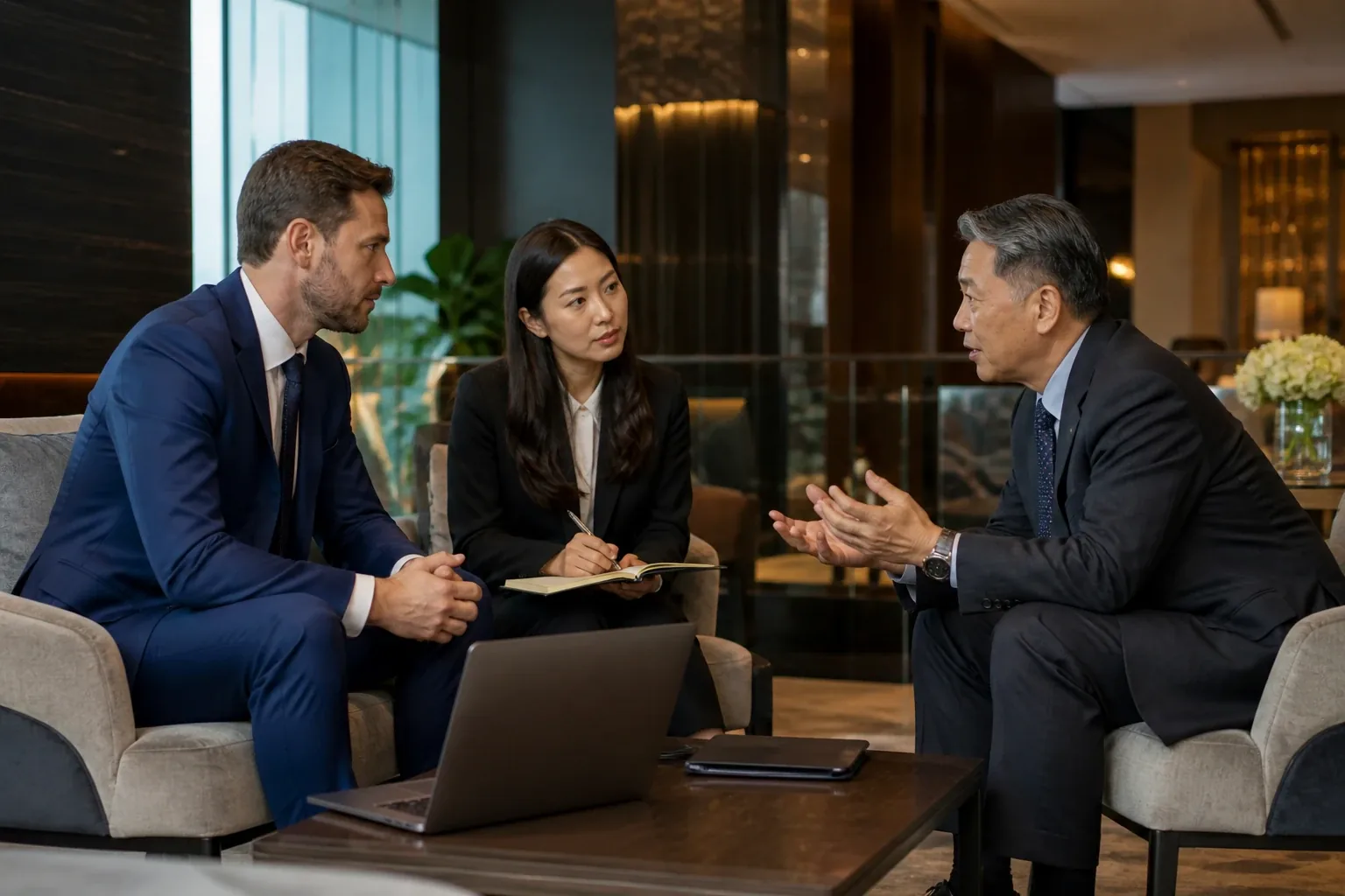 Intérprete anota enquanto traduz conversa entre um executivo brasileiro e um fornecedor asiático em lounge de hotel