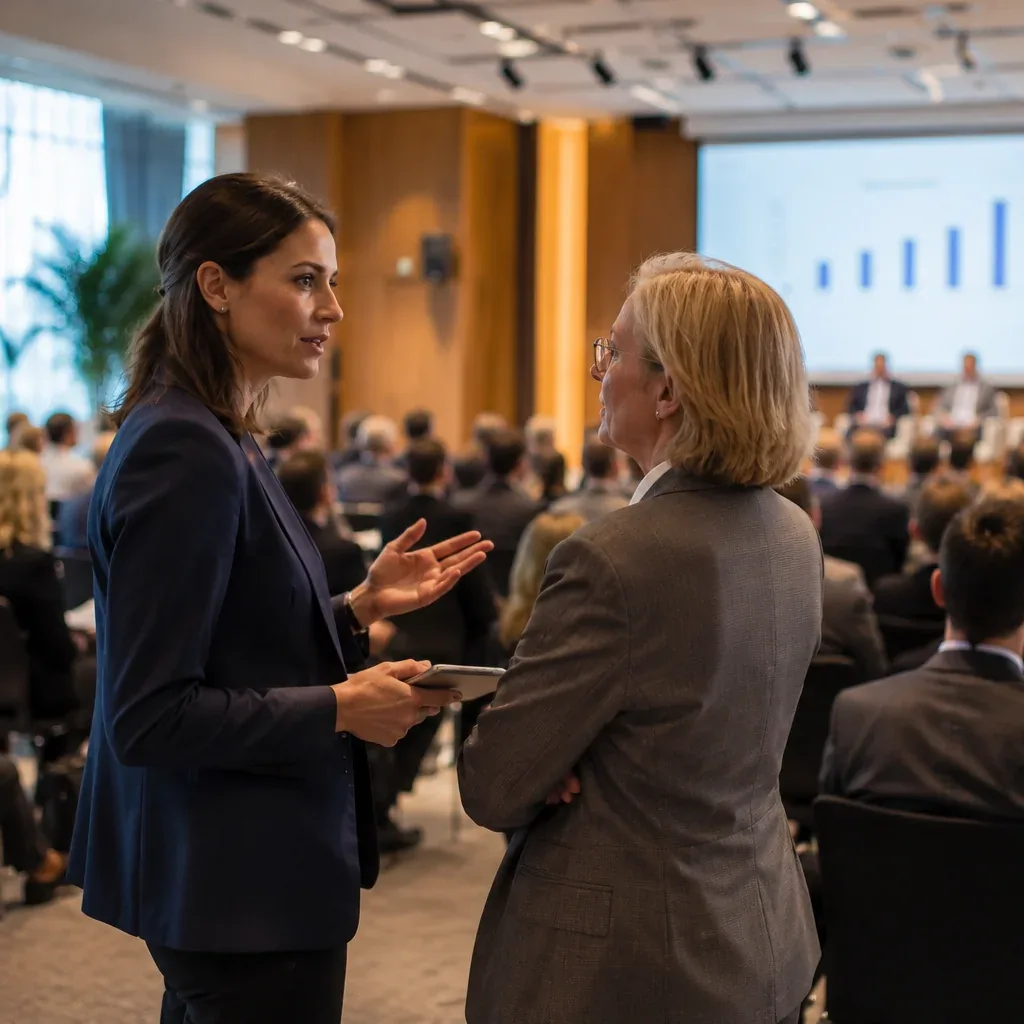 Intérprete conversa com participante em conferência corporativa internacional, com plateia e apresentação ao fundo