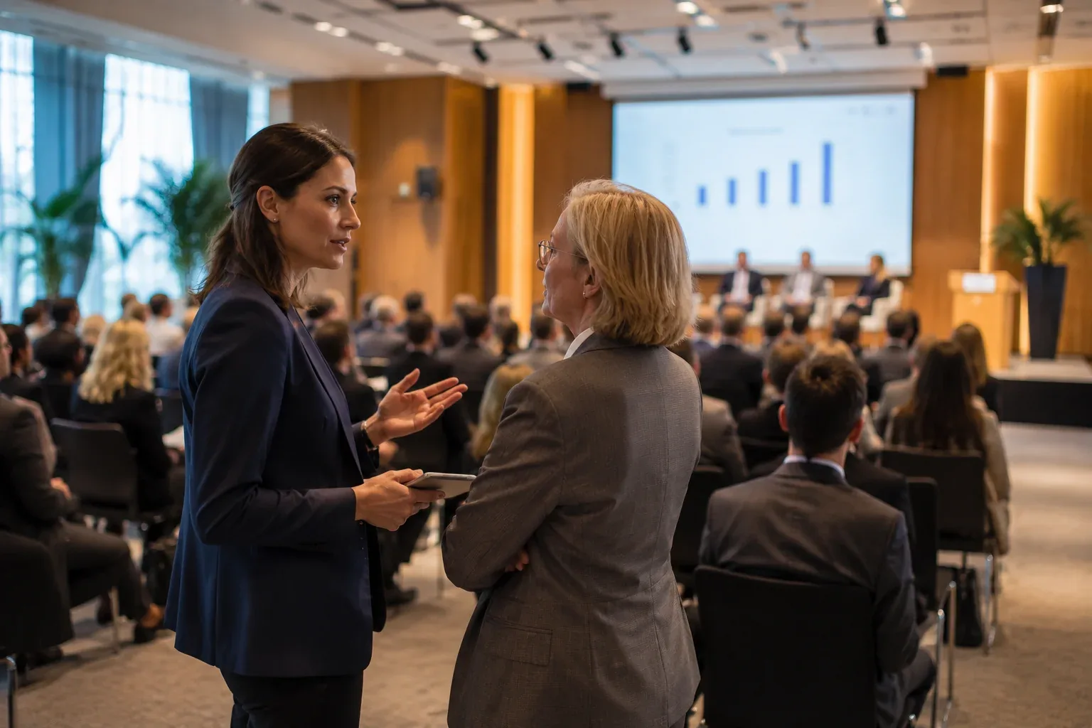 Intérprete conversando com uma participante em conferência corporativa, com plateia e painel no palco ao fundo