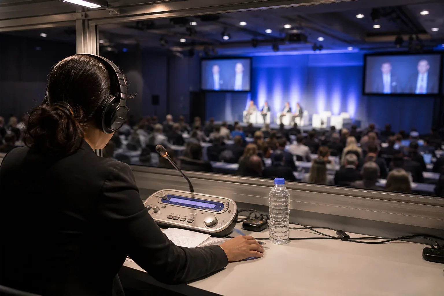 Intérprete de fone na cabine acústica operando a mesa de tradução simultânea diante da plateia de uma conferência