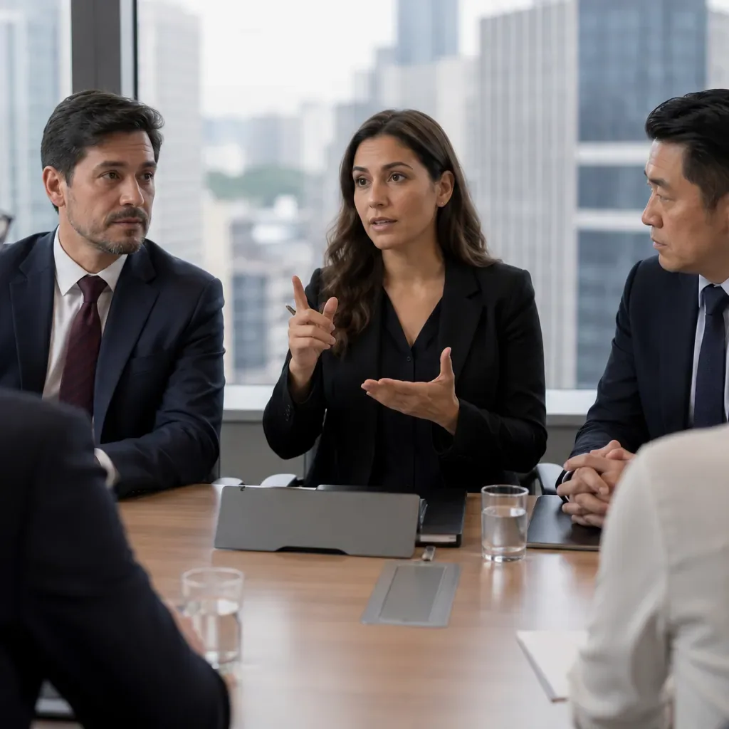 Intérprete gesticulando durante negociação entre executivos em sala de reunião com vista da cidade de São Paulo
