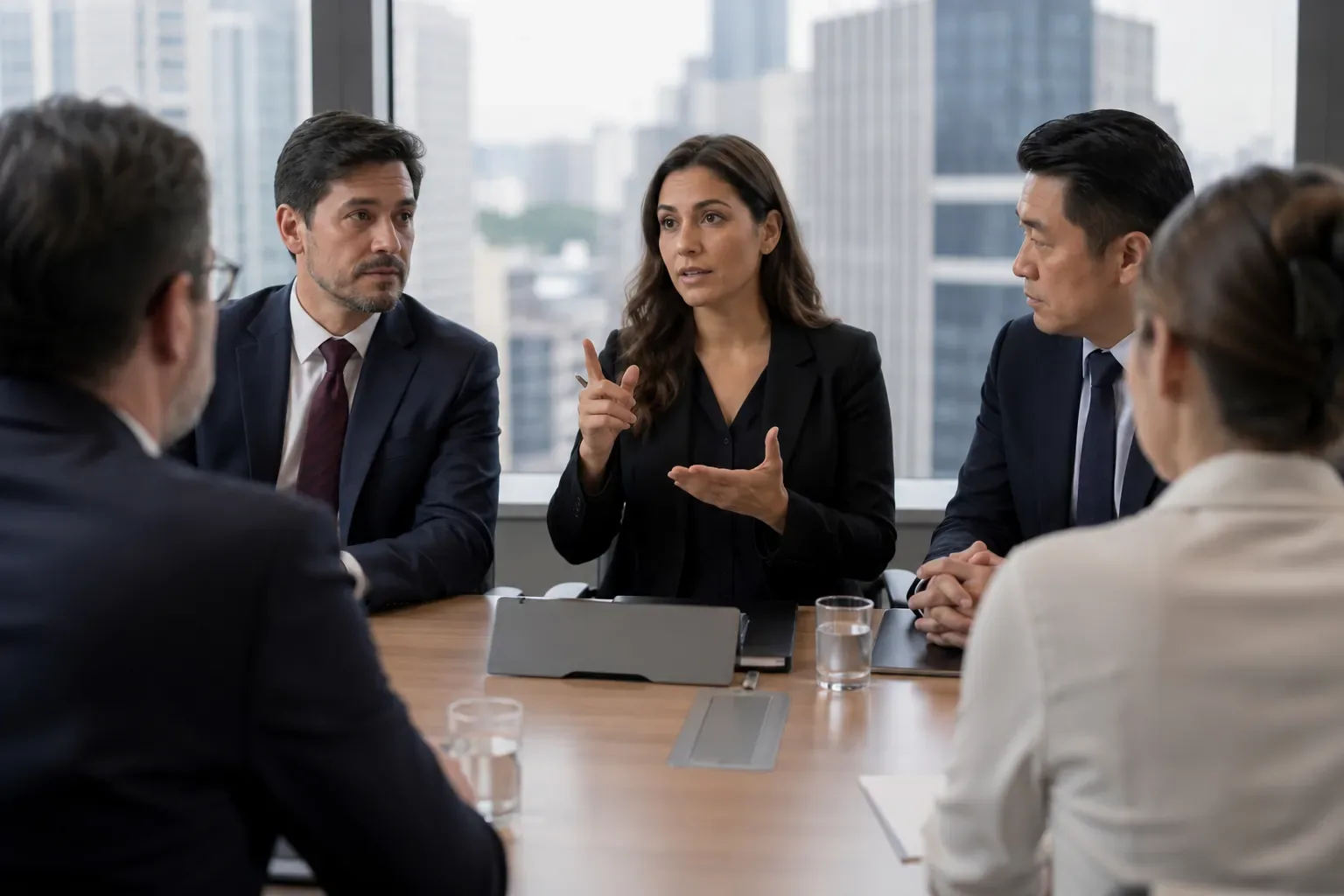 Interpreter speaking with executives at a negotiation table in a glass-walled meeting room in São Paulo