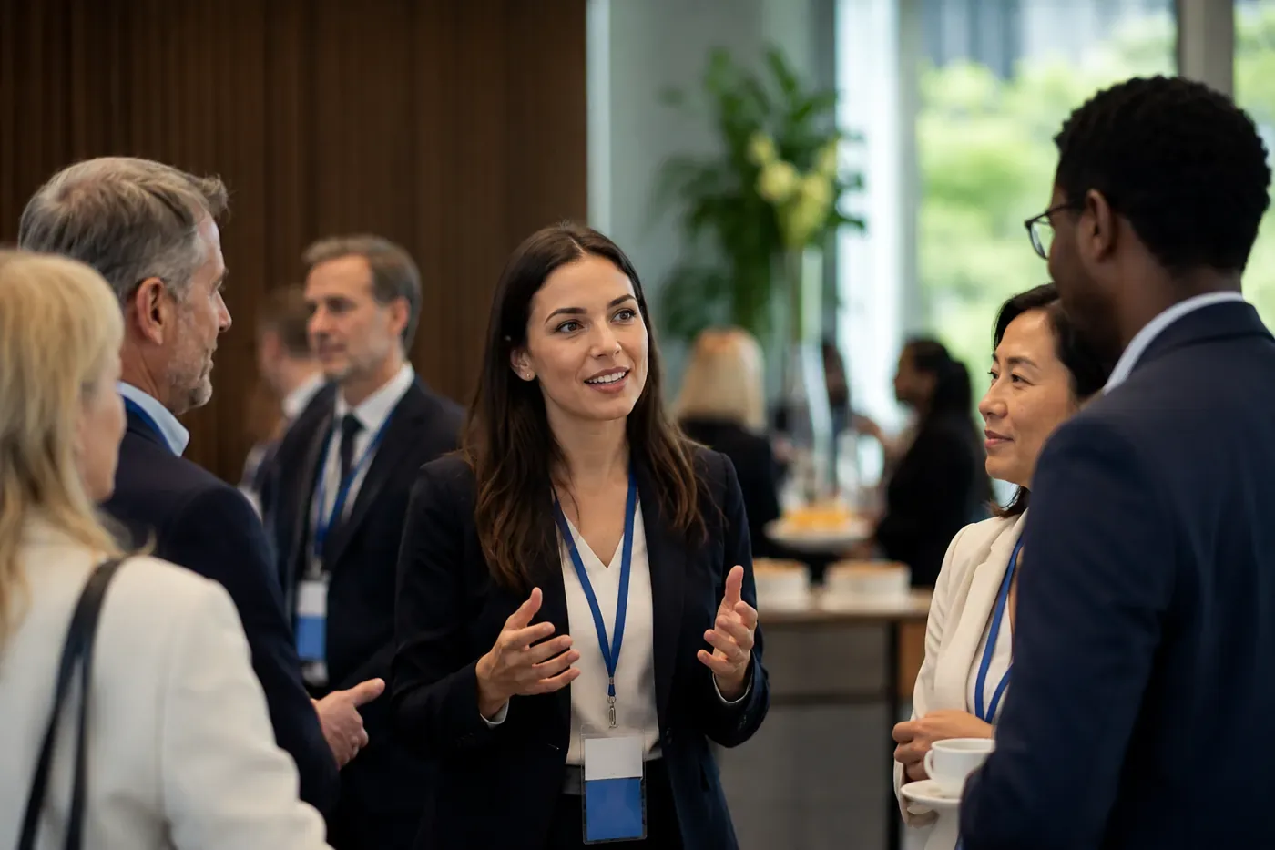 Intérprete de crachá conversa com participantes de um evento corporativo internacional