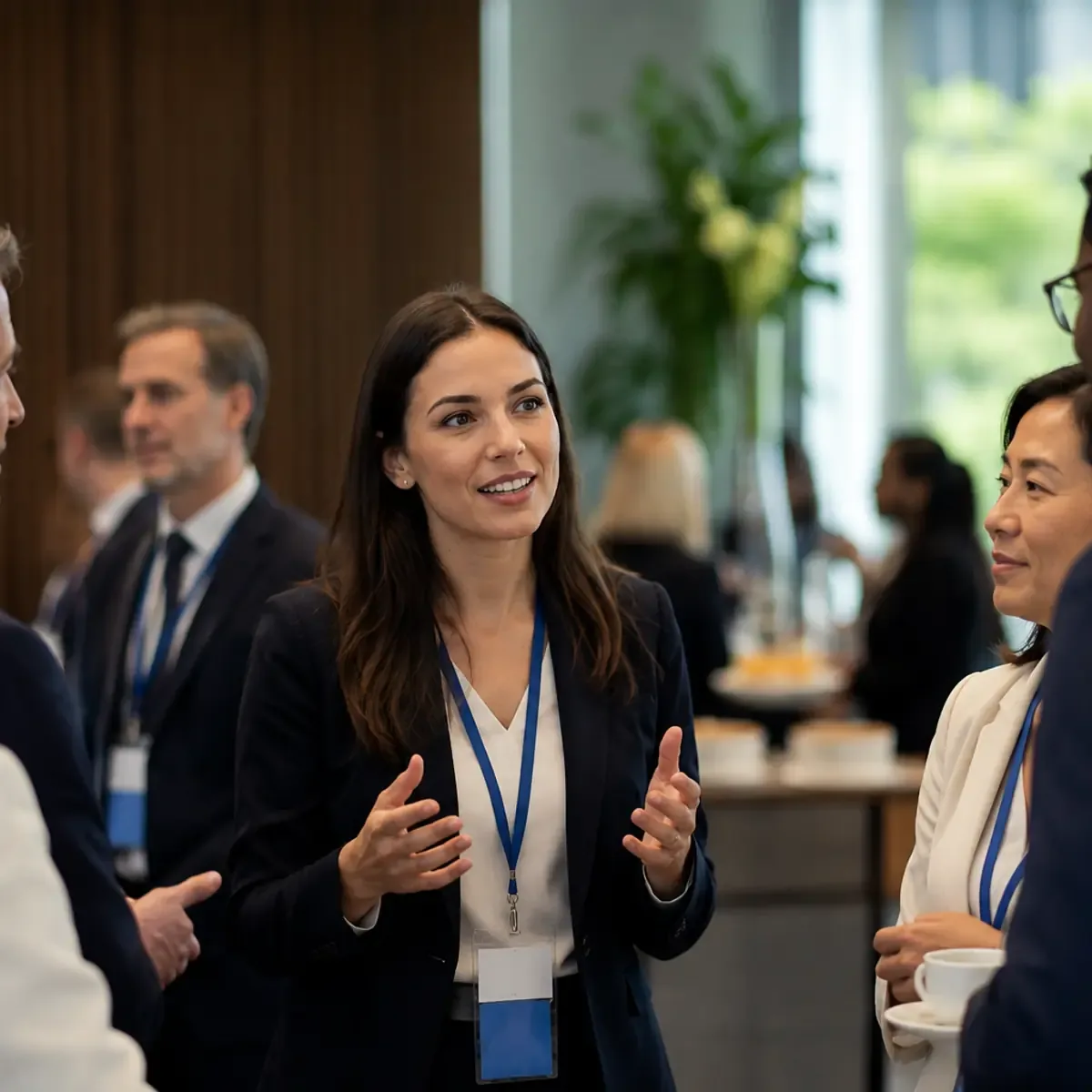 Intérprete com crachá conversando com participantes em evento corporativo durante o coffee break