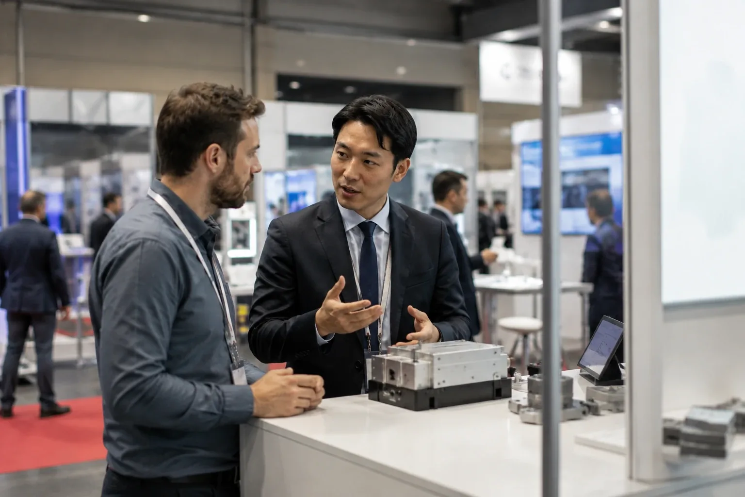 Interpreter talking with two professionals at an industrial trade-fair booth with machine parts on the counter