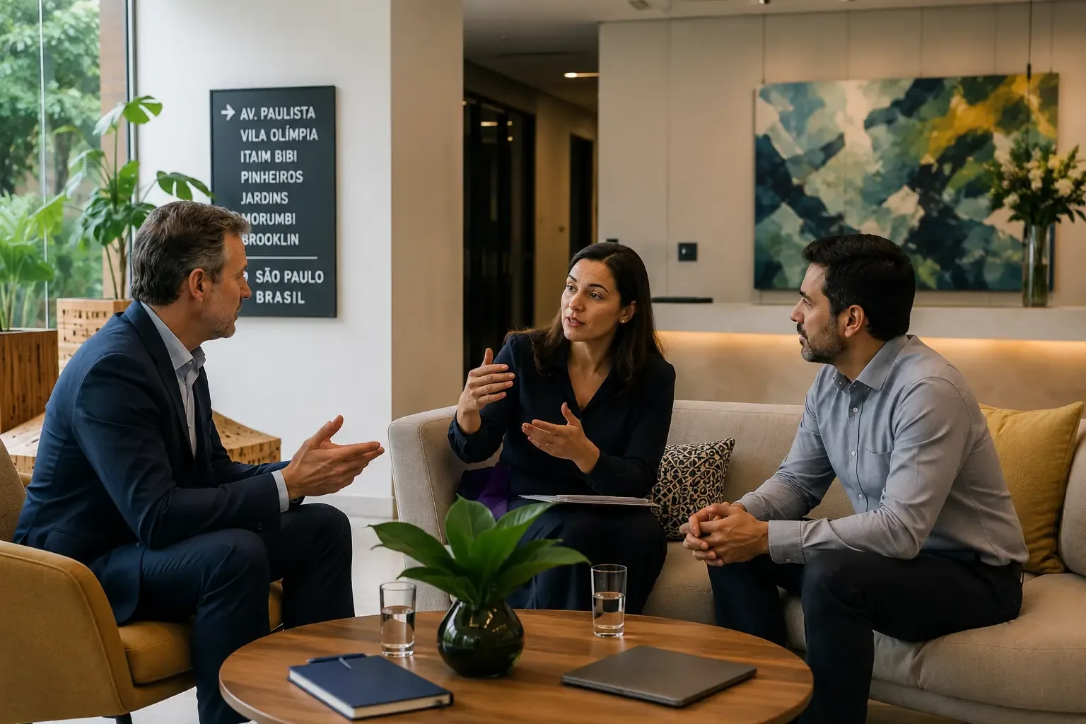 Interpreter talking with two executives in a São Paulo hotel lounge, with a neighborhood sign in the background