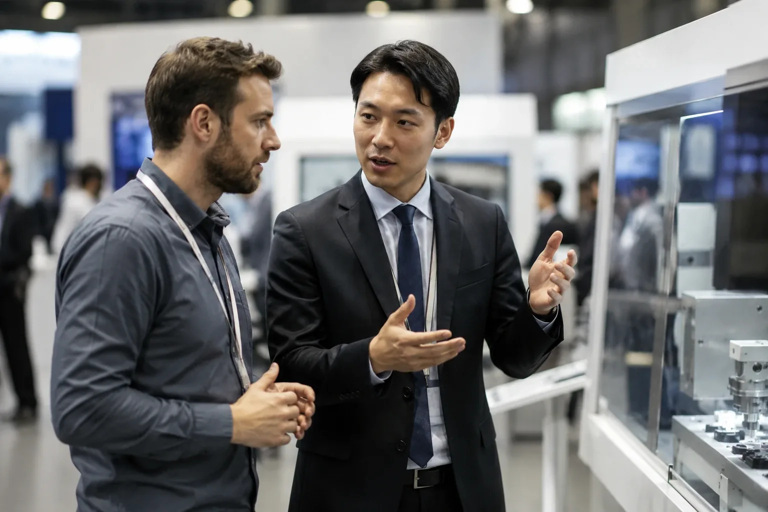 Two professionals talking in front of an industrial machine at a technology fair, with the interpreter mediating