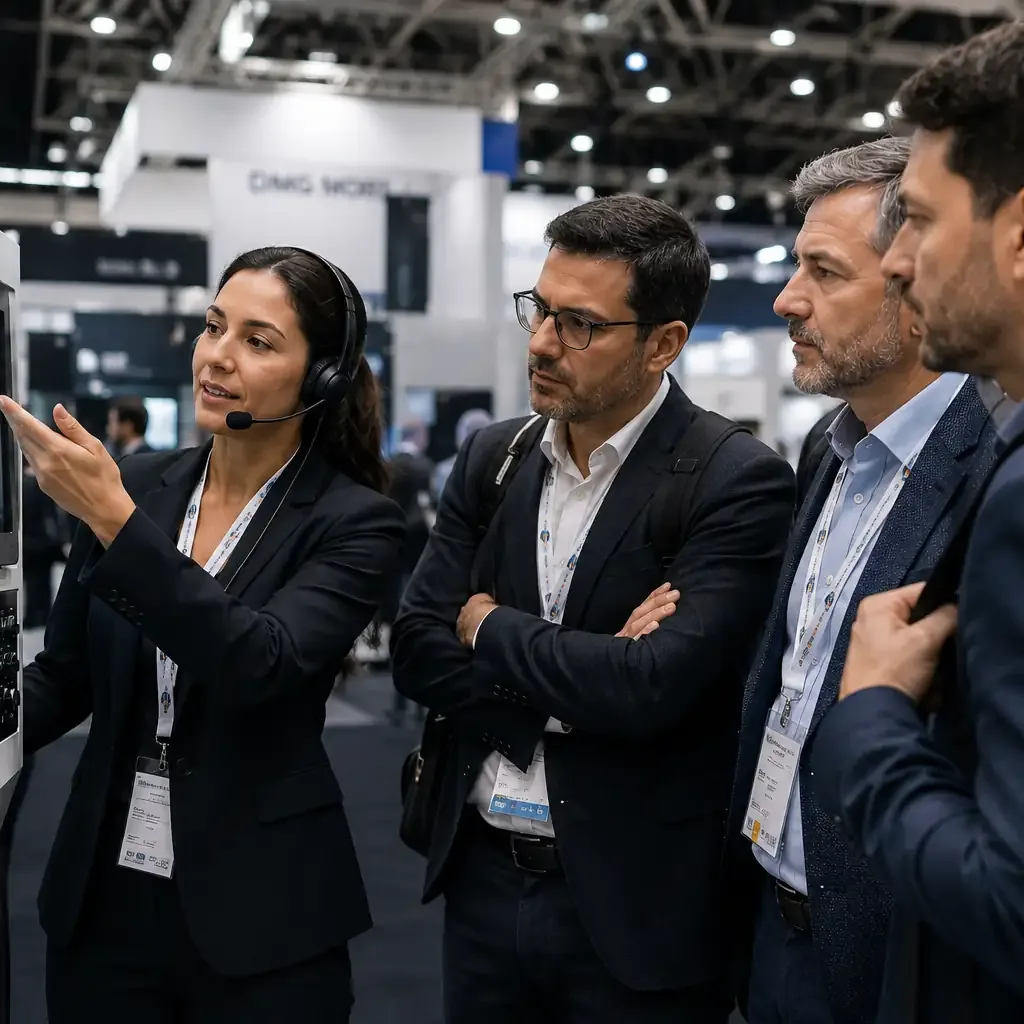Intérprete de headset apontando um equipamento a três visitantes com crachá em feira de negócios industrial
