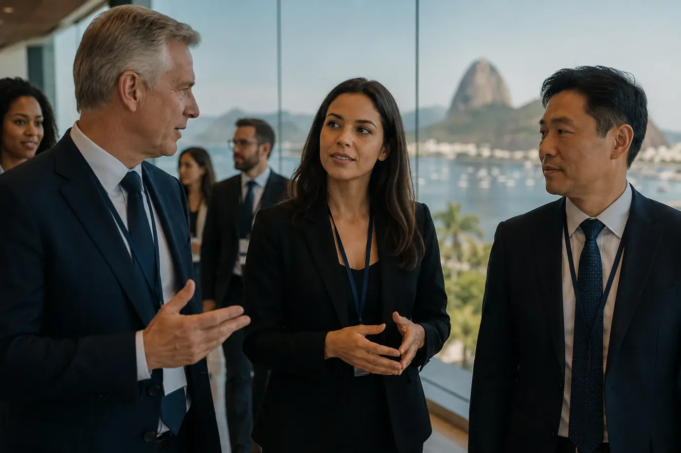 Intérprete conversa com dois executivos internacionais num evento corporativo no Rio, com o Pão de Açúcar ao fundo