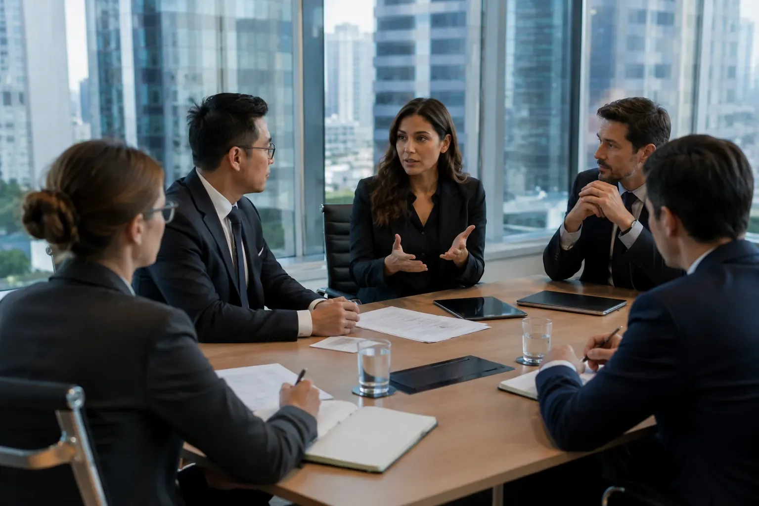 Business interpreter gesturing while explaining to international executives in a meeting room with a city view