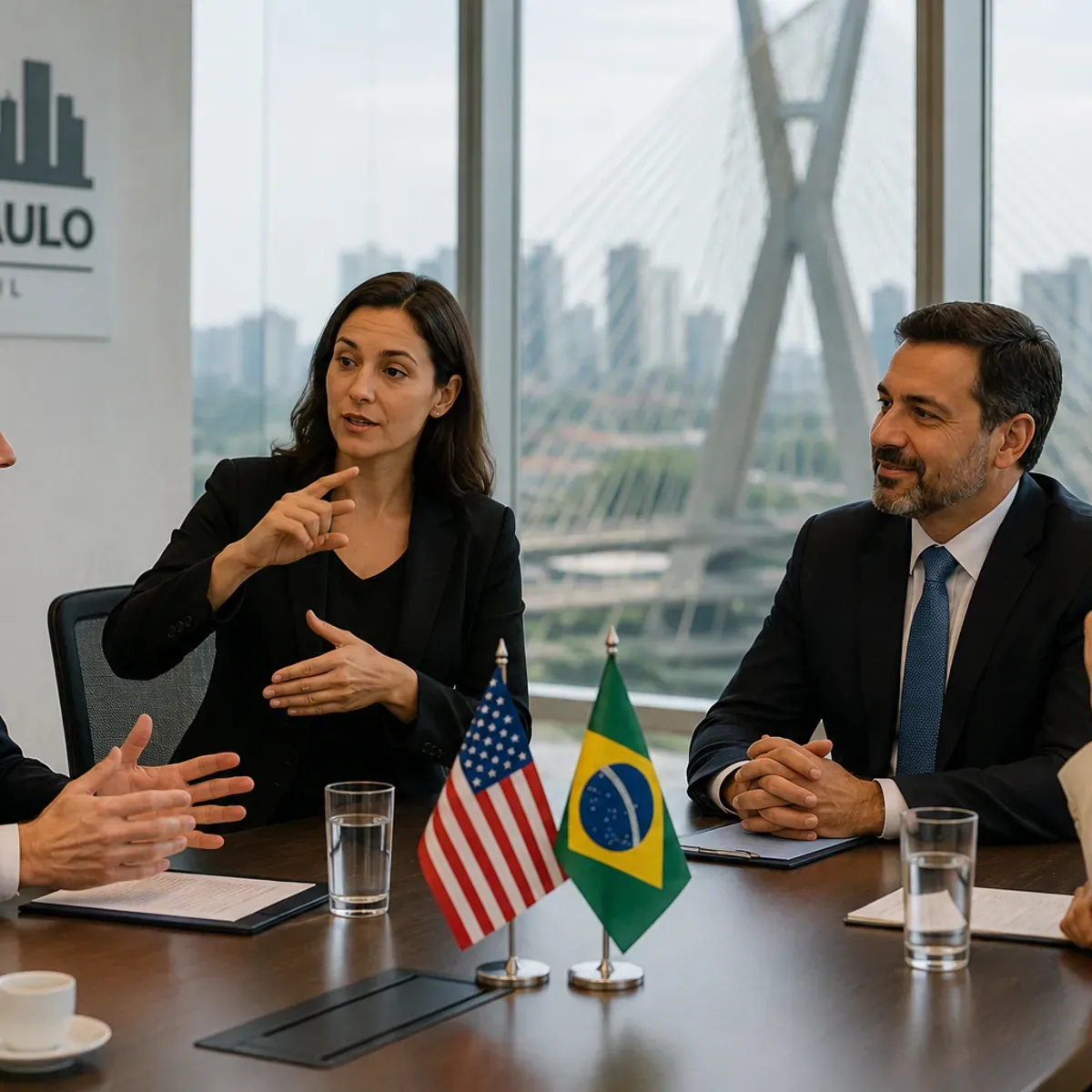Intérprete gesticulando em reunião de negócios em São Paulo, com bandeiras do Brasil e dos EUA e a ponte estaiada ao fundo