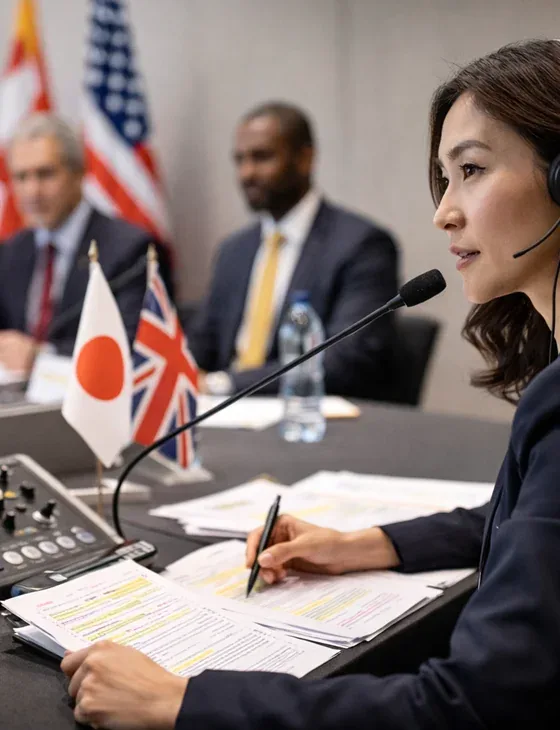 Intérprete com fone e microfone em mesa de reunião internacional com bandeiras do Japão, Reino Unido e EUA