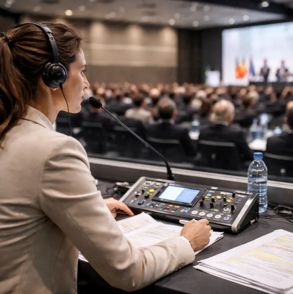 Intérprete de cabine com fone e microfone diante da mesa de som e de plateia em conferência internacional