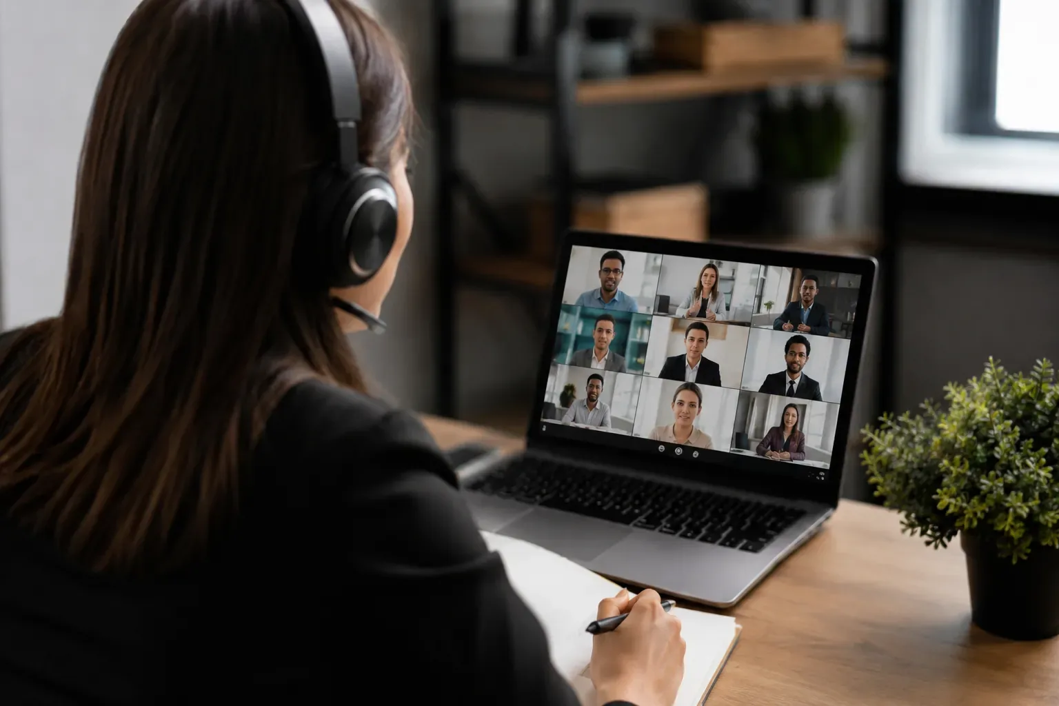 Intérprete de fones de ouvido em videoconferência com vários participantes na tela do notebook