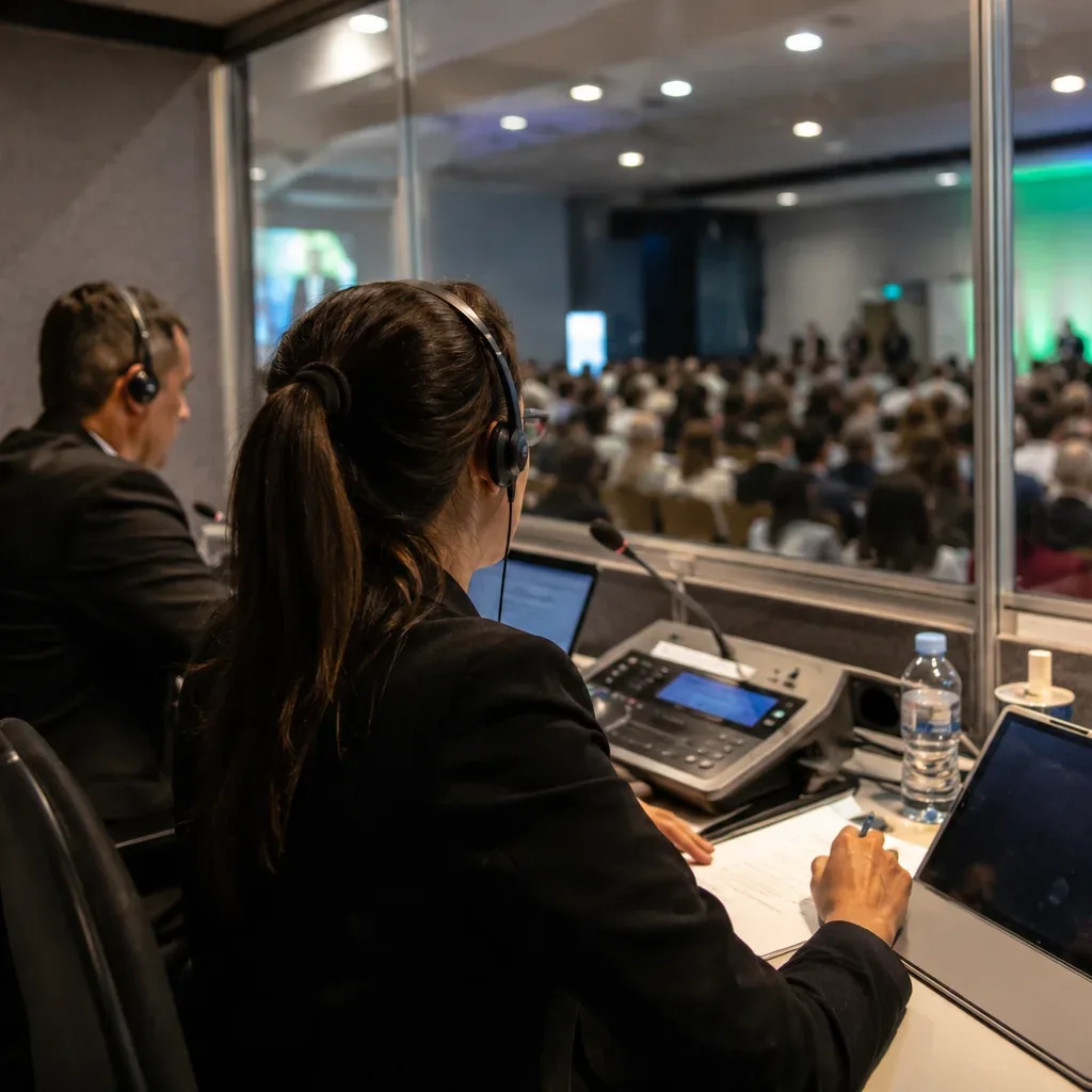 Intérpretes de simultânea com headsets em cabine, diante de console e plateia lotada de conferência