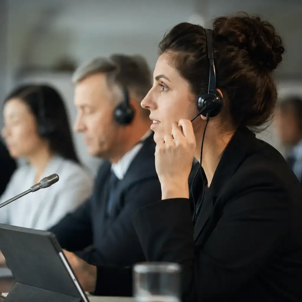 Intérpretes com fones de headset e microfone atuando lado a lado em conferência