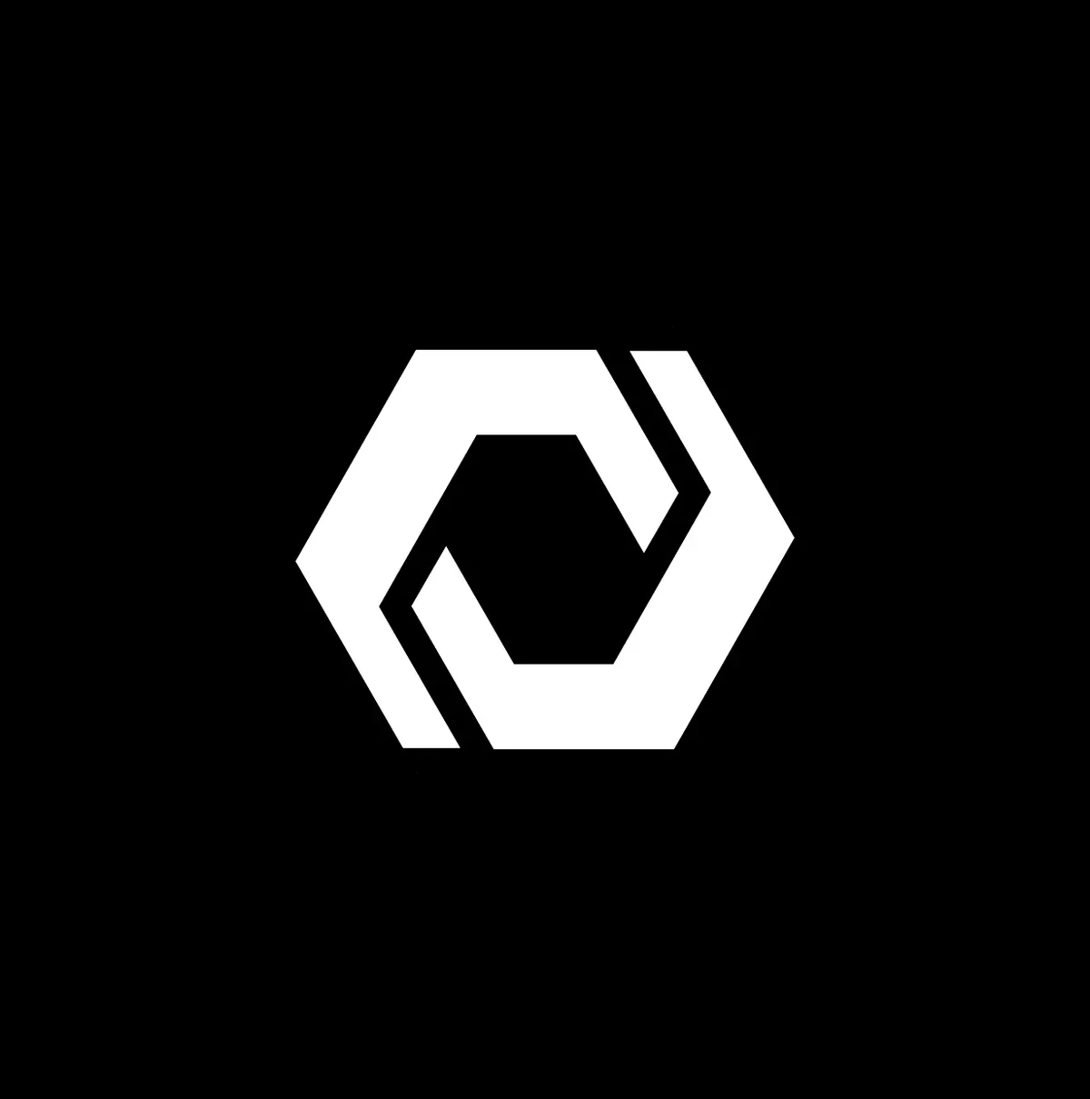 Logotipo hexagonal branco sobre fundo preto