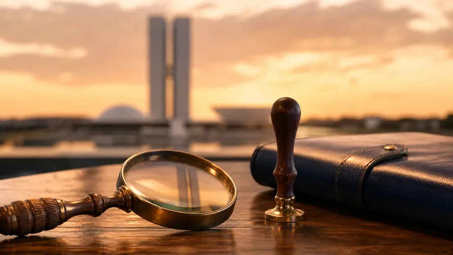 Lupa de latão e carimbo sobre mesa de madeira com o Congresso Nacional ao fundo ao pôr do sol, em Brasília