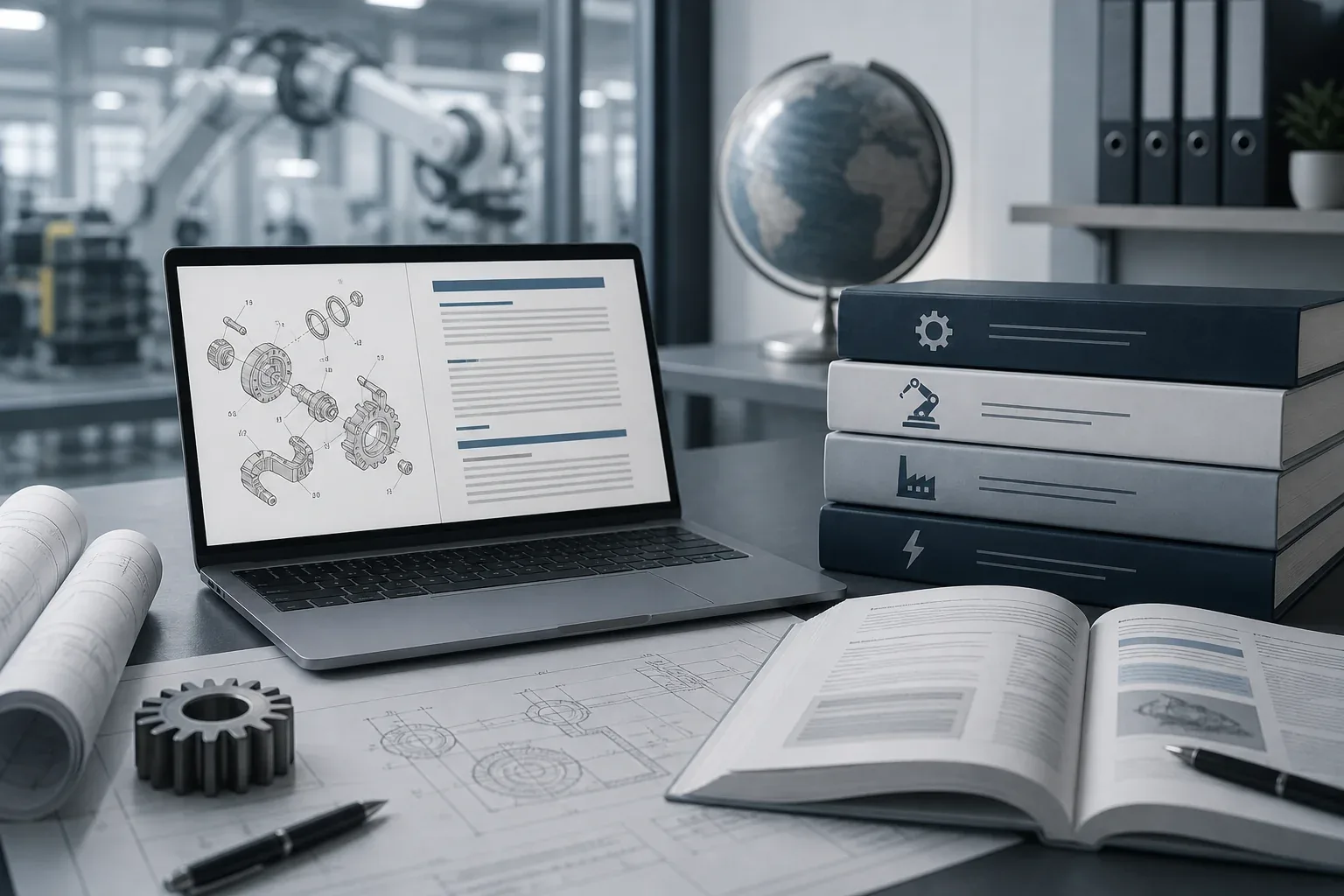 Notebook com manual técnico ilustrado, engrenagem, plantas e livros de engenharia numa mesa de trabalho