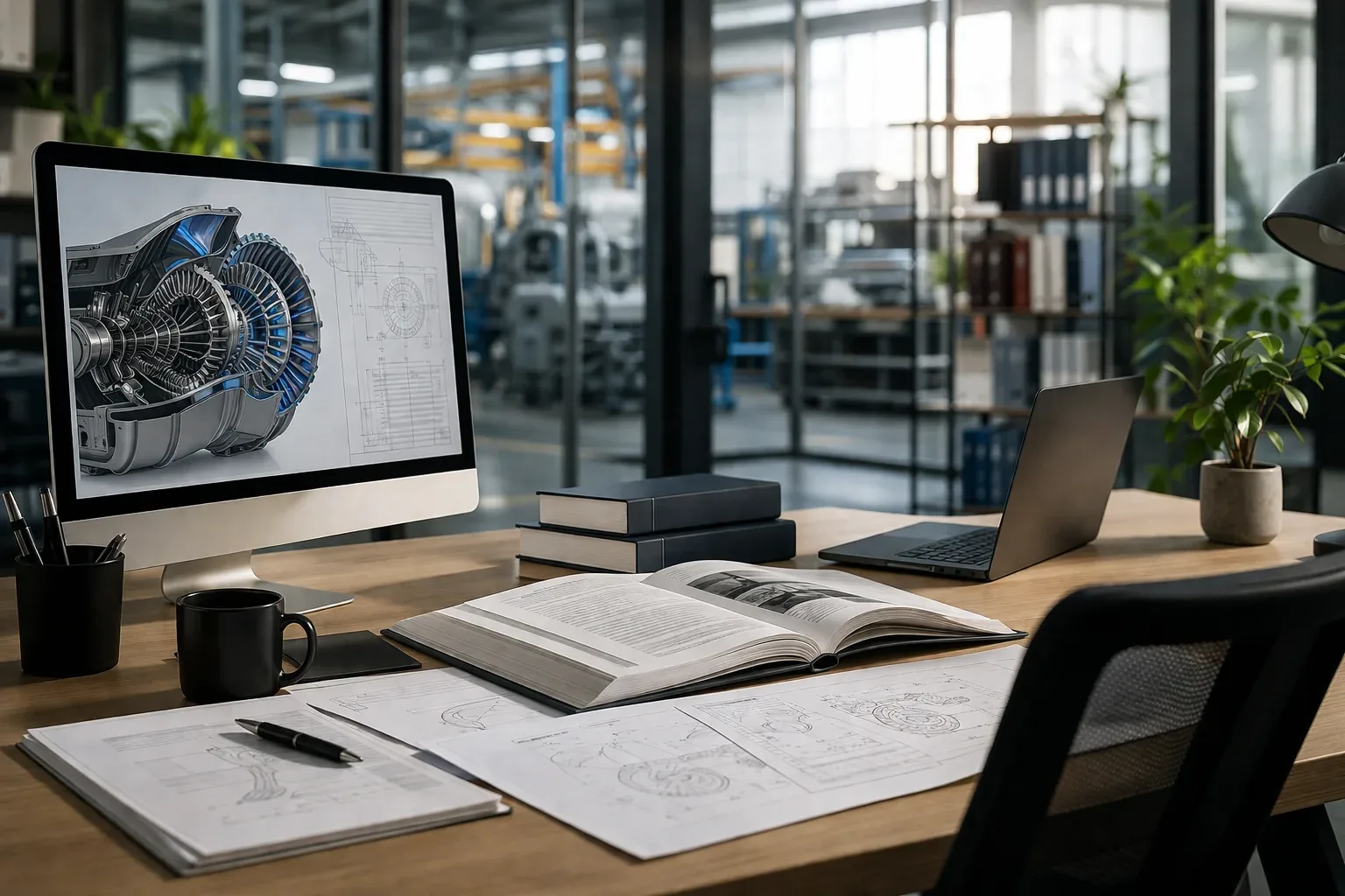 Mesa com projetos de engenharia, manual técnico e monitor mostrando o modelo 3D de uma turbina