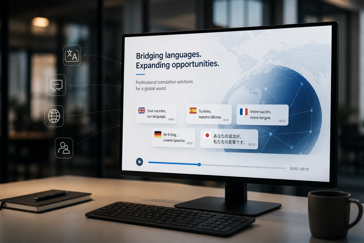 Monitor exibindo vídeo com legendas em inglês, espanhol, francês, alemão e japonês e ícones de idiomas