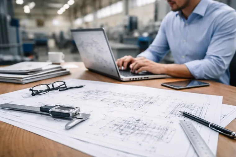 Homem usa notebook sobre plantas técnicas, com paquímetro e régua, numa fábrica, para tradução técnica