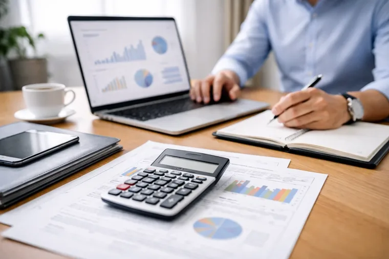 Mesa com notebook mostrando gráficos, calculadora e relatórios financeiros para tradução financeira