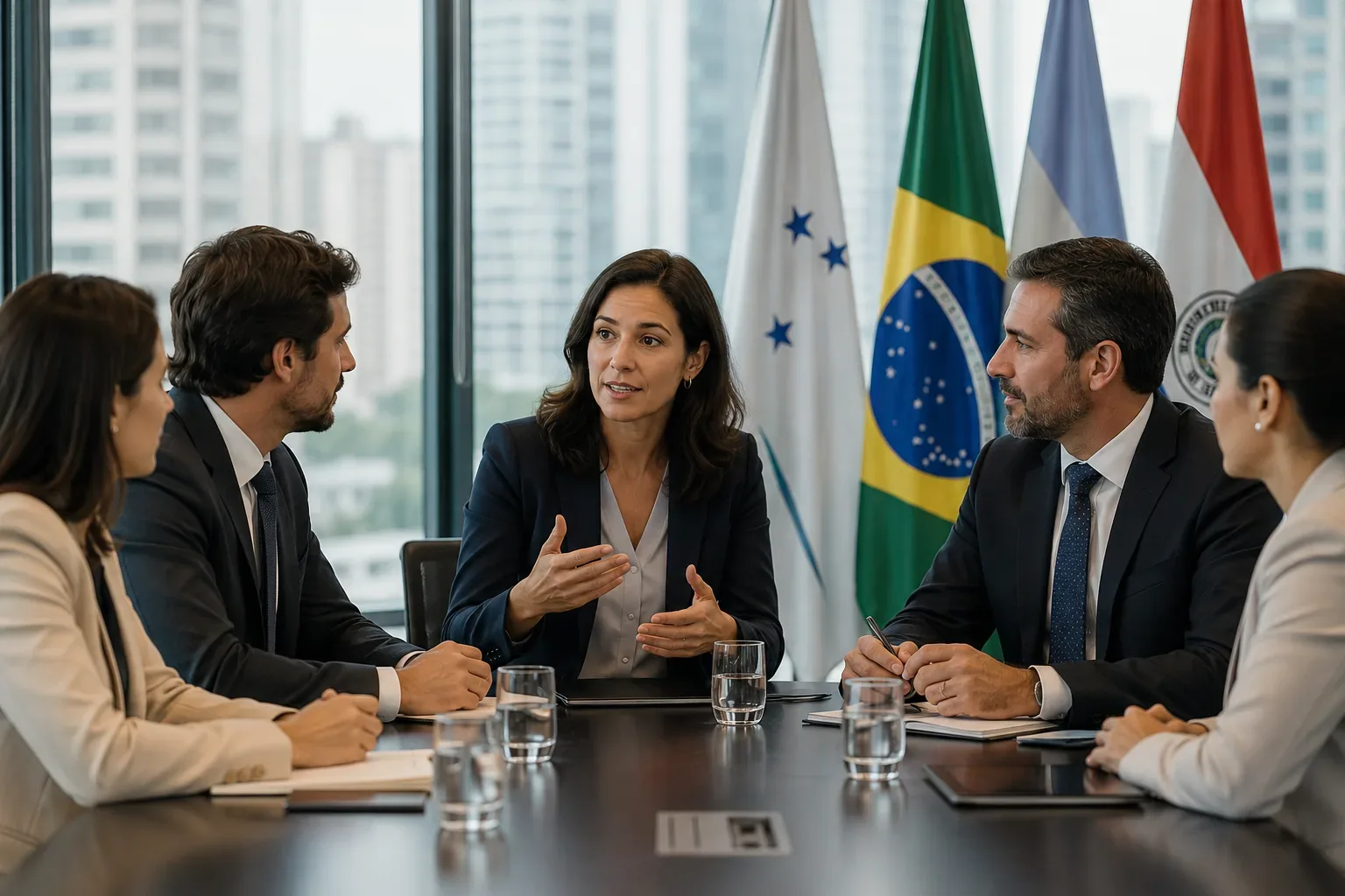 Ejecutivos en una reunión del Mercosur en São Paulo con banderas de Brasil y países vecinos e intérprete español-portugués
