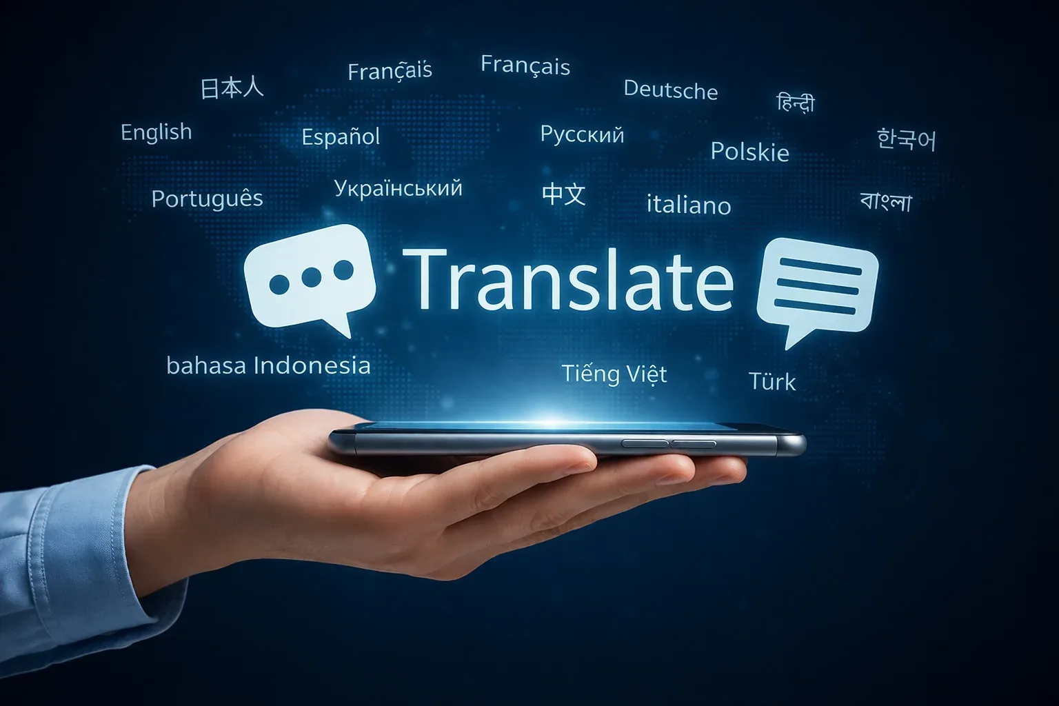 Mão sustenta um smartphone com a palavra 'Translate' e nomes de vários idiomas flutuando acima