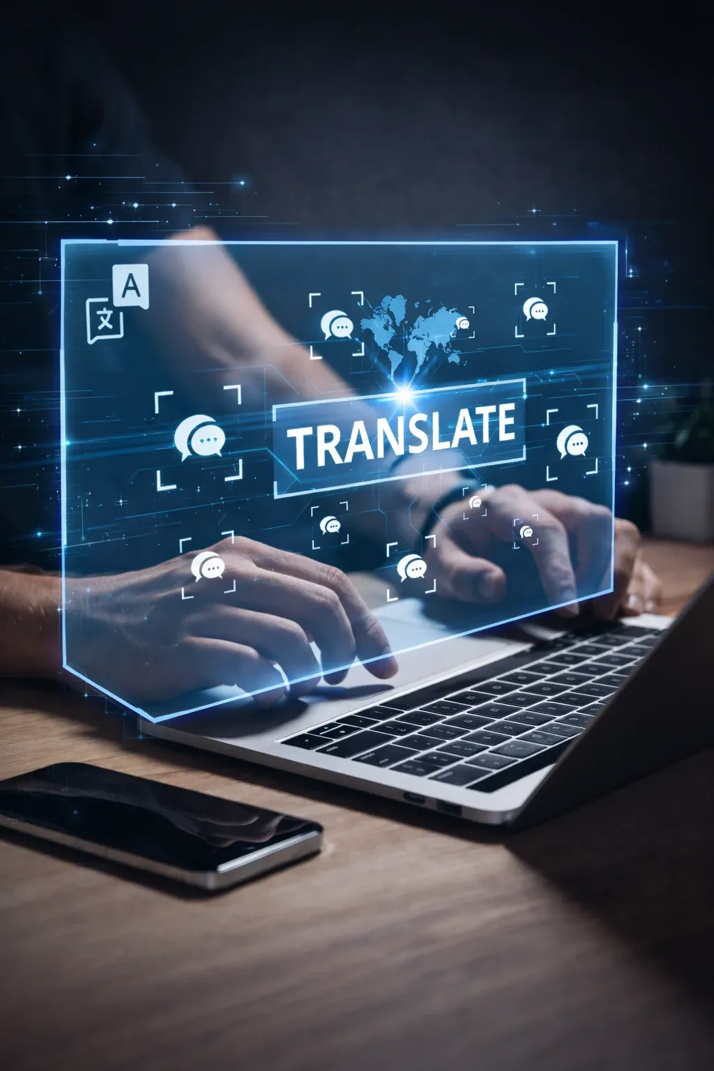 Mãos digitando em notebook com painel holográfico com a palavra TRANSLATE e ícones de chat e idiomas