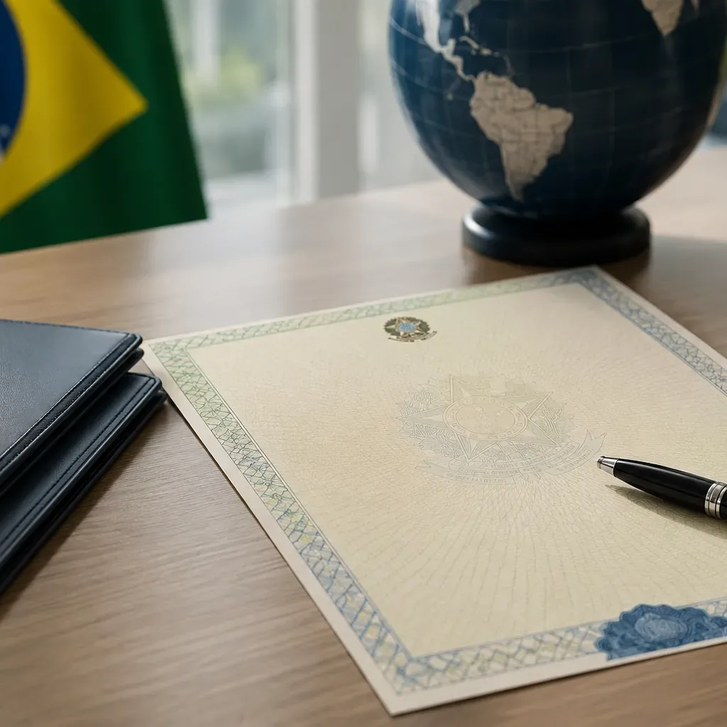 Certidão com brasão e selo sobre a mesa, ao lado de caneta, globo terrestre e bandeira do Brasil