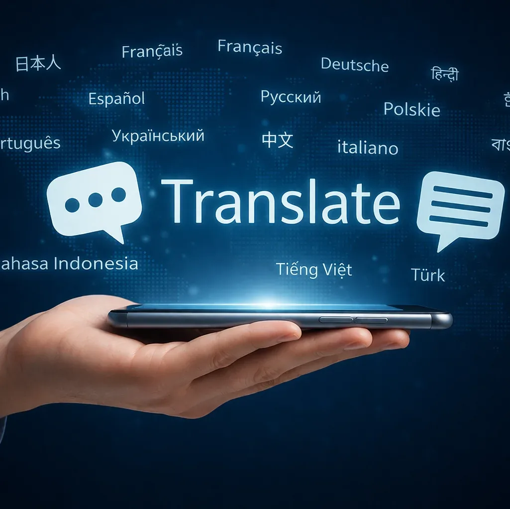 Mão segurando smartphone com a palavra Translate e nomes de vários idiomas flutuando acima