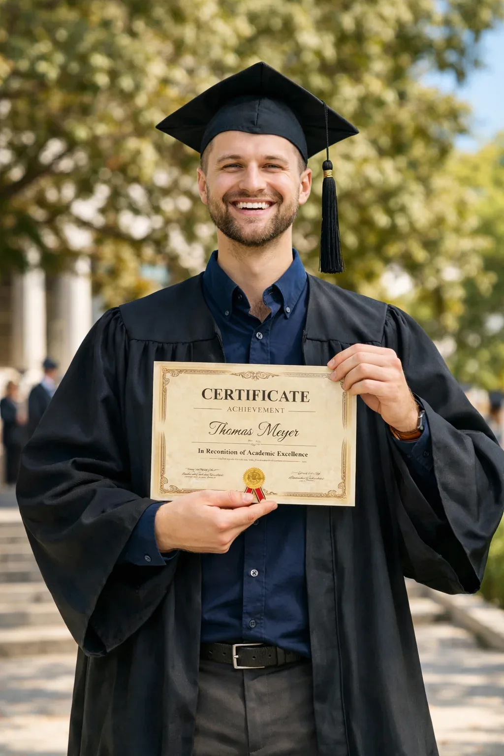 Formando de beca e capelo sorrindo e segurando diploma, ilustrando tradução de documentos acadêmicos