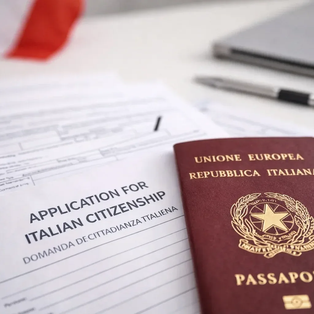 Formulário de cidadania italiana e passaporte da República Italiana sobre a mesa